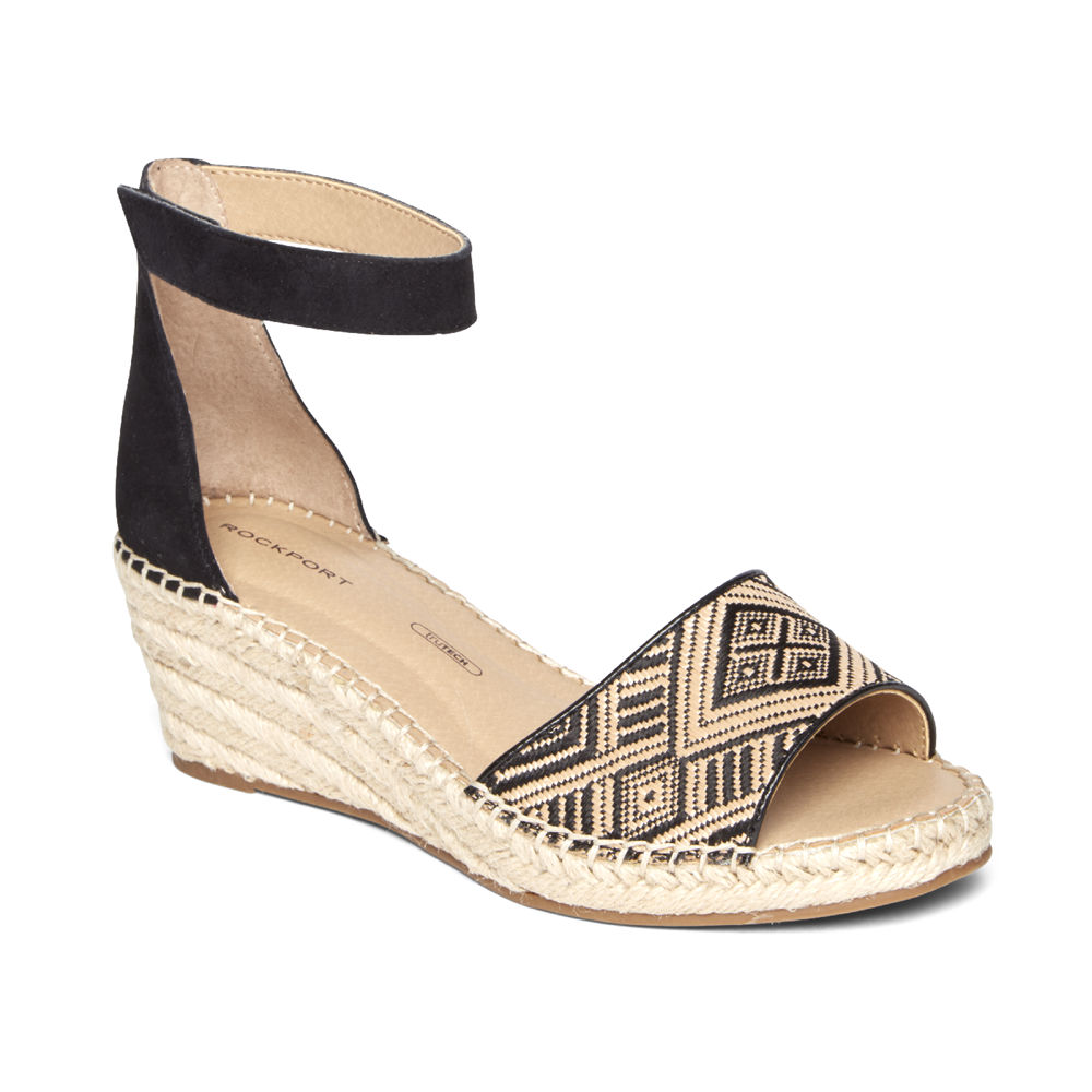 Rockport Singapore Womens Sandals - Marah Woven Ankle Strap Beige/Black - QI0671348